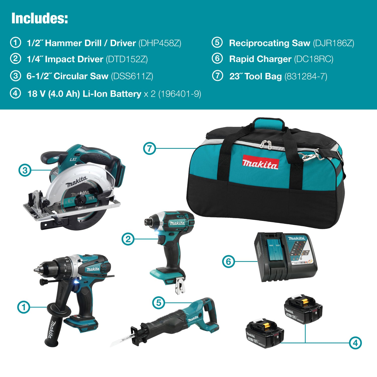 Makita Canada Inc, 18V (4.0 Ah) LXT 4 Tool Combo Kit