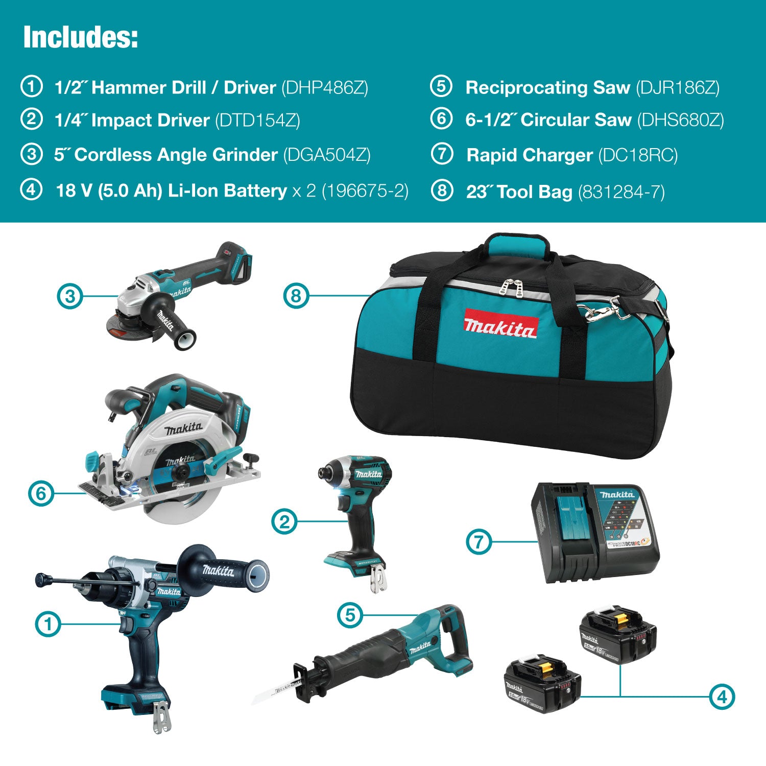 Makita Canada Inc, 18V (5.0 Ah) LXT 5 Tool Combo Kit