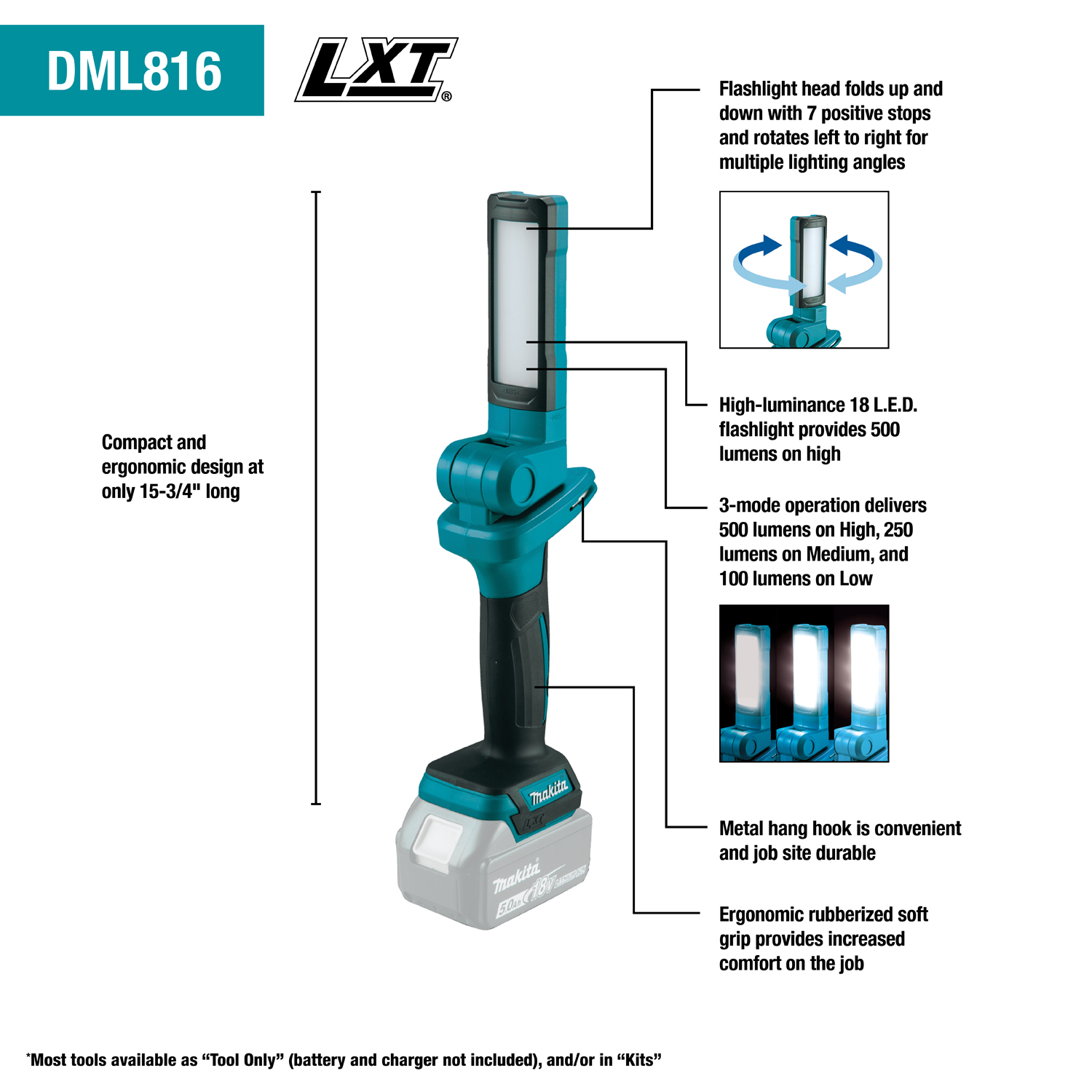 Makita Canada Inc, 18V LXT® Lithium‑Ion Cordless 18 L.E.D. Flashlight, Flashlight Only